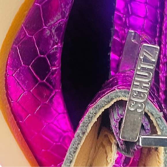 SCHUTZ Courtney High Couro Roxo Metallic Violet Embossed Sandals Shoes 7B - Picture 7 of 15